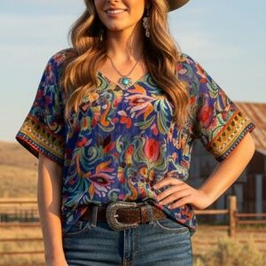 Johnny Was RARE Colorful Velvet and Blue Blouse